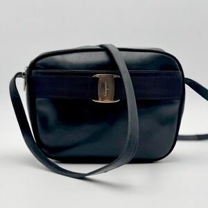 Vintage SALVATORE FERRAGAMO Vara Crossbody Shoulder Bag Navy Blue, Gold Hardware